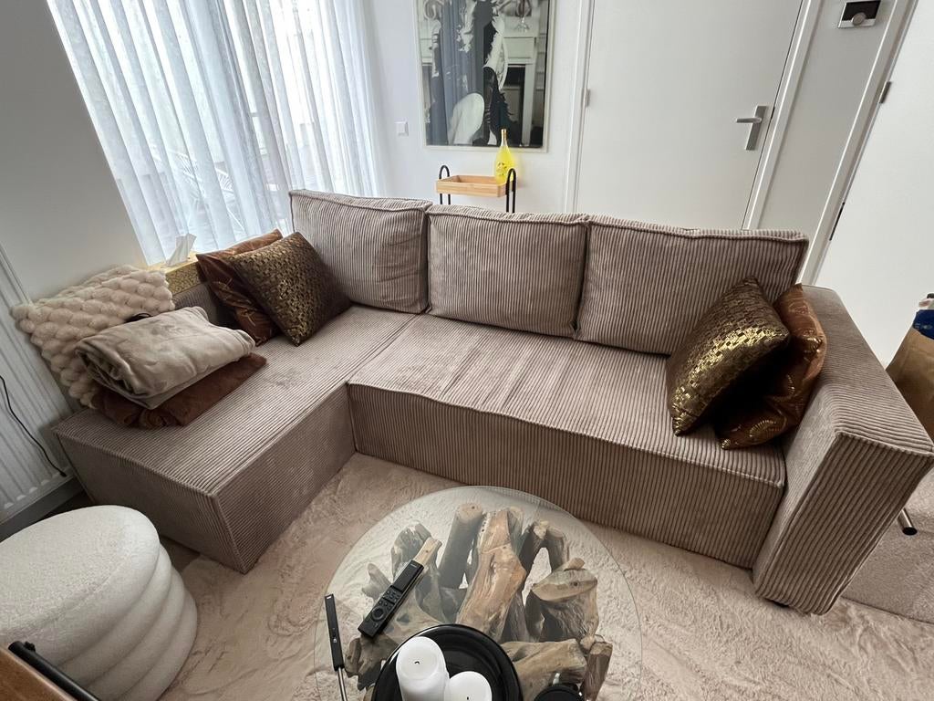 Ribstof hoek/ slaapbank “nog geen jaar oud!, Ophalen, Ribstof, 125 tot 150 cm, Hoekbank