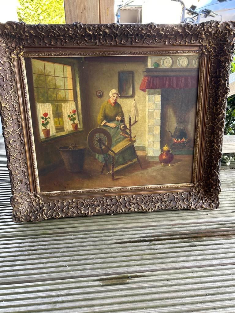 Olieverf schilderij H. van Langen vrouw spint wol, Ophalen