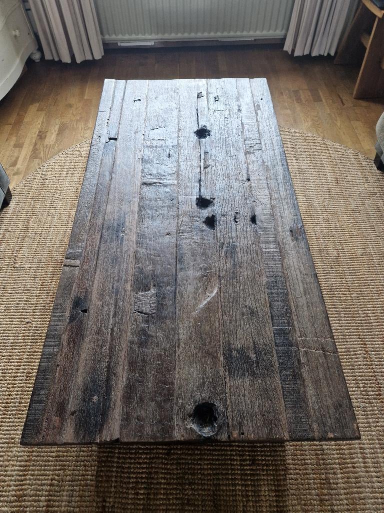 Landelijke salontafel, eiken blad op stalen frame, Huis en Inrichting, Tafels | Salontafels, Ophalen, 100 tot 150 cm, 50 tot 75 cm