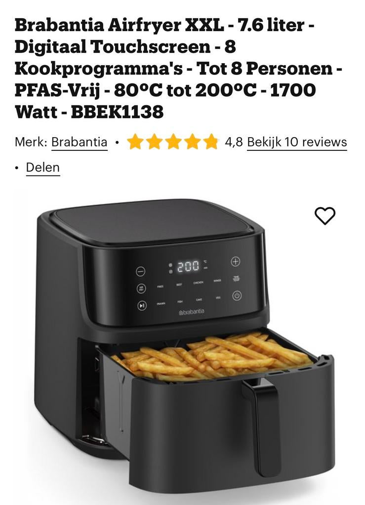 Brabantia Airfryer XXL, Witgoed en Apparatuur, Airfryers, Ophalen of Verzenden, Zo goed als nieuw, Airfryer XXL, 1500 gram of meer