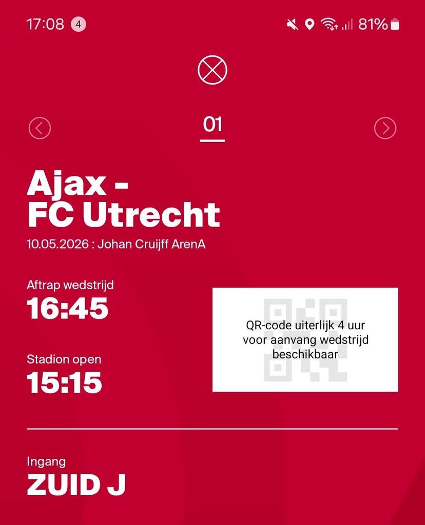 Ajax-Utrecht prachtige plaats vak 428 boven F-Side rij 10, Losse kaart, Eén persoon, Mei