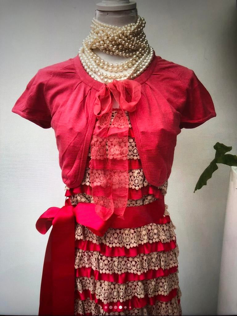 Tintoretto jurk en bolero roze met beige kant 38 40 m l xl, Kleding | Dames, Maat 38/40 (M), Verzenden, Nieuw, Knielengte