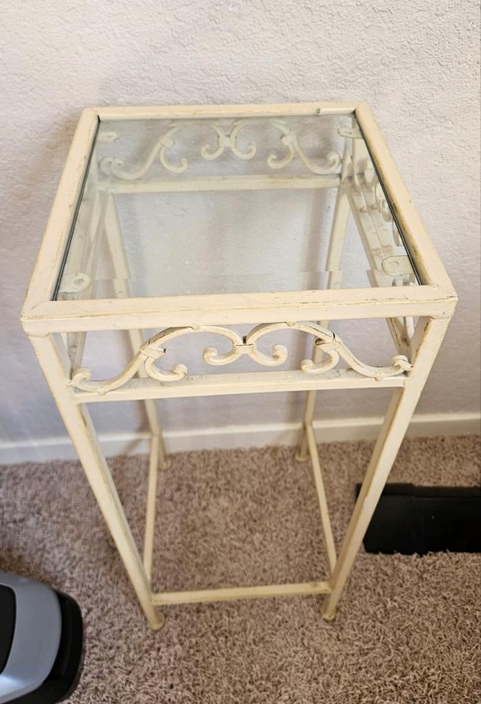 Plantentafel metaal met glasplaat, Huis en Inrichting, Tafels | Bijzettafels, Minder dan 55 cm, Gebruikt, Vierkant, Brocant