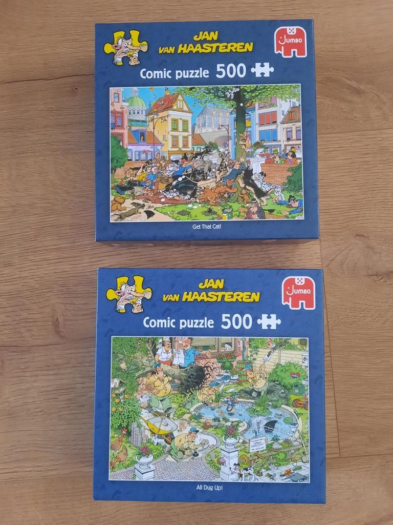 2x Jan v Haasteren puzzel à 500 st. Get that cat & All dugup, Hobby en Vrije tijd, Denksport en Puzzels, Ophalen, 500 t/m 1500 stukjes