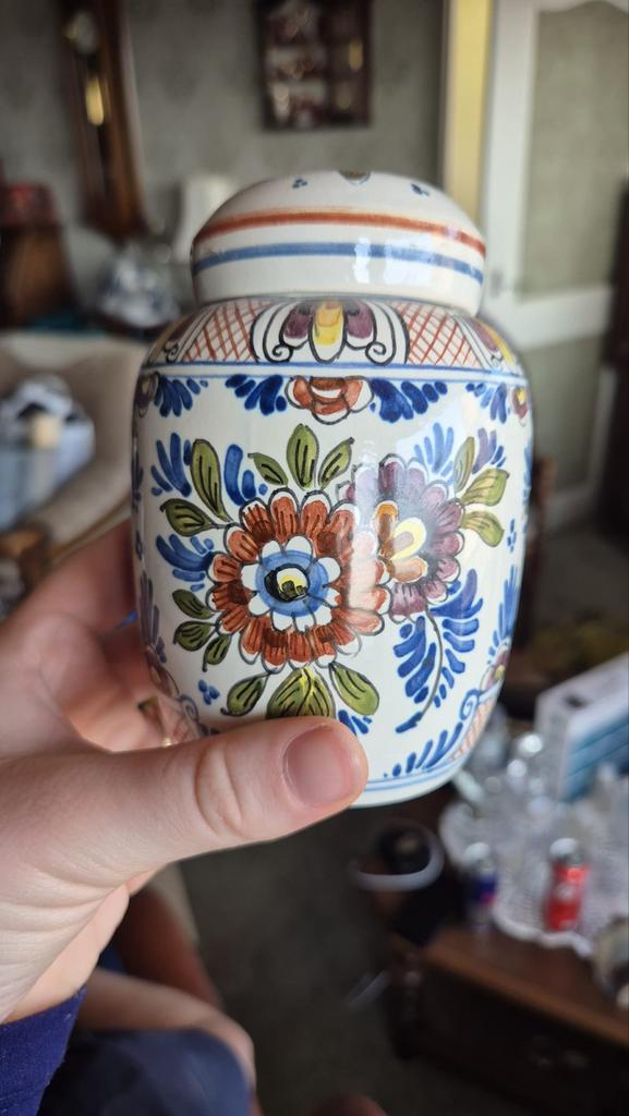 Delfts Polychroom Theebus / Dekselvaas - Mediterrane Kleuren, Ophalen