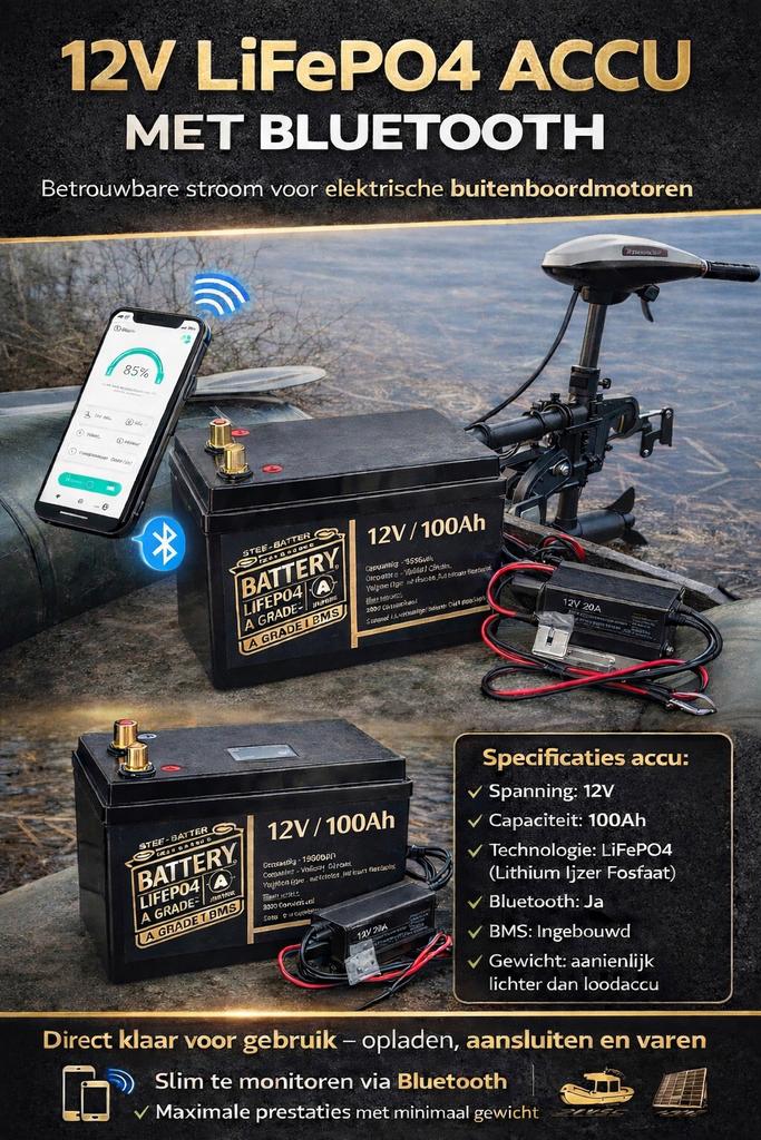Lithium accu’s 12 Volt100Ah met BMS garantie optie Bluetooth, Ophalen of Verzenden, Nieuw