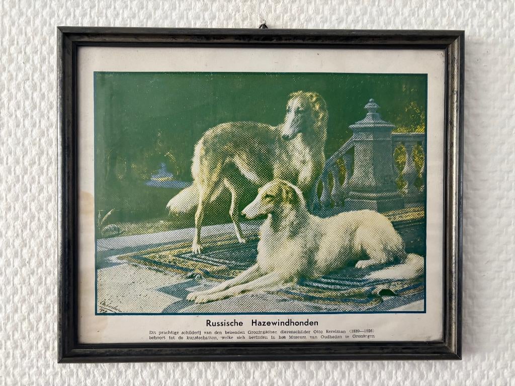 Eerelman ingelijste prent Russische hazewindhonden op terras, Ophalen of Verzenden
