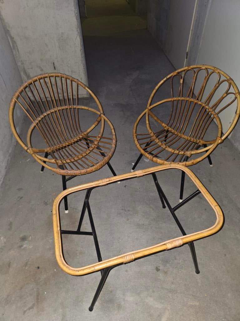 Rotan stoeltjes en tafeltje Rohé Noordwolde jaren '60, Ophalen, Gebruikt, Twee, Bruin
