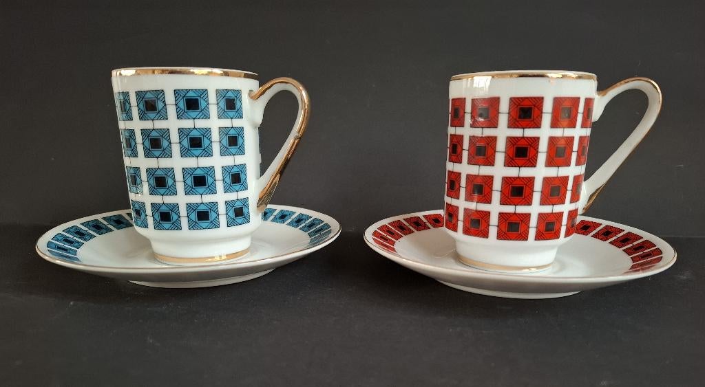 Retro kop en schotel - rood en blauw, Verzenden, Huis en Inrichting