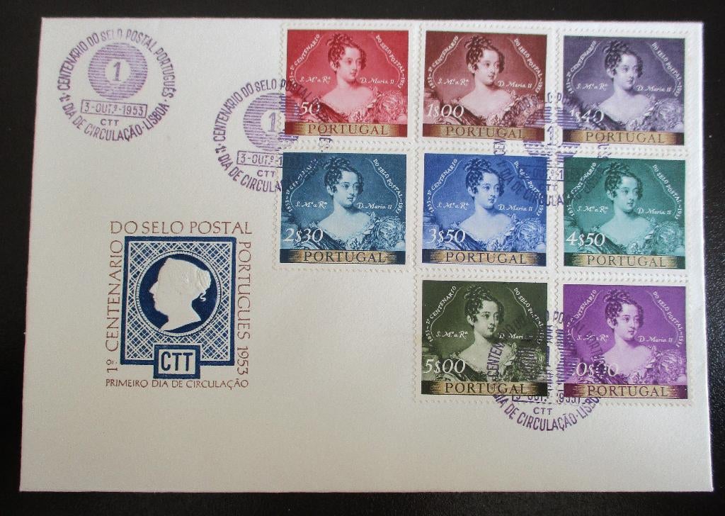 Portugal, FDC serie 100 jaar Portugese postzegels, 1953, Verzenden, Portugal, Gestempeld