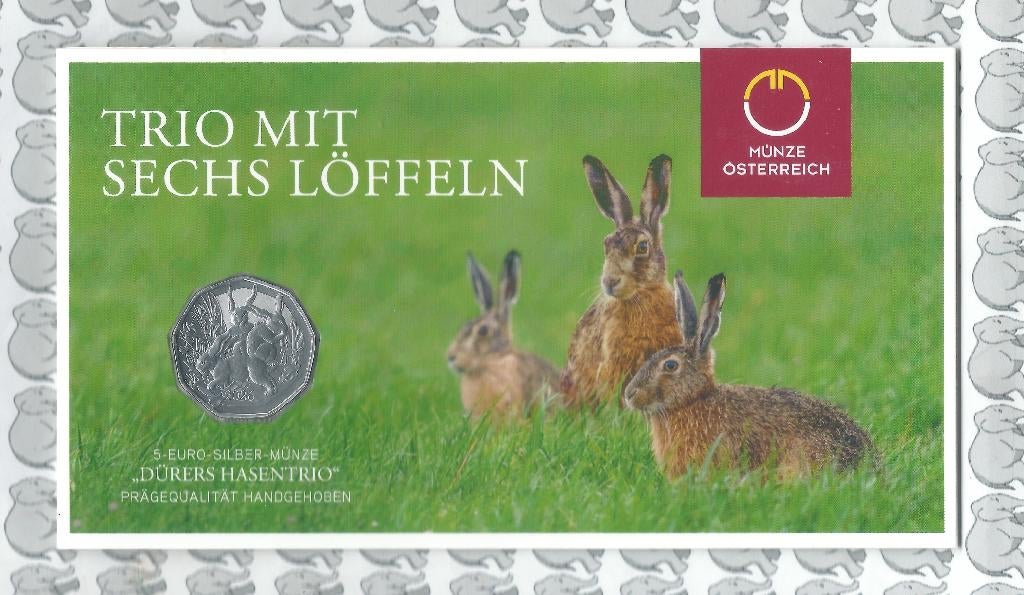 Oostenrijk 5 euro 2026(52e)"Dürers Hazentrio"(zilv,blister), Postzegels en Munten, Munten | Europa | Euromunten, Losse munt, 5 euro