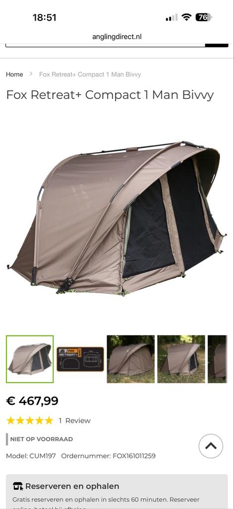 Fox Retreat+ Compact 1 Man Bivvy - Karpertent, Watersport en Boten, Ophalen, Gebruikt, Overige typen