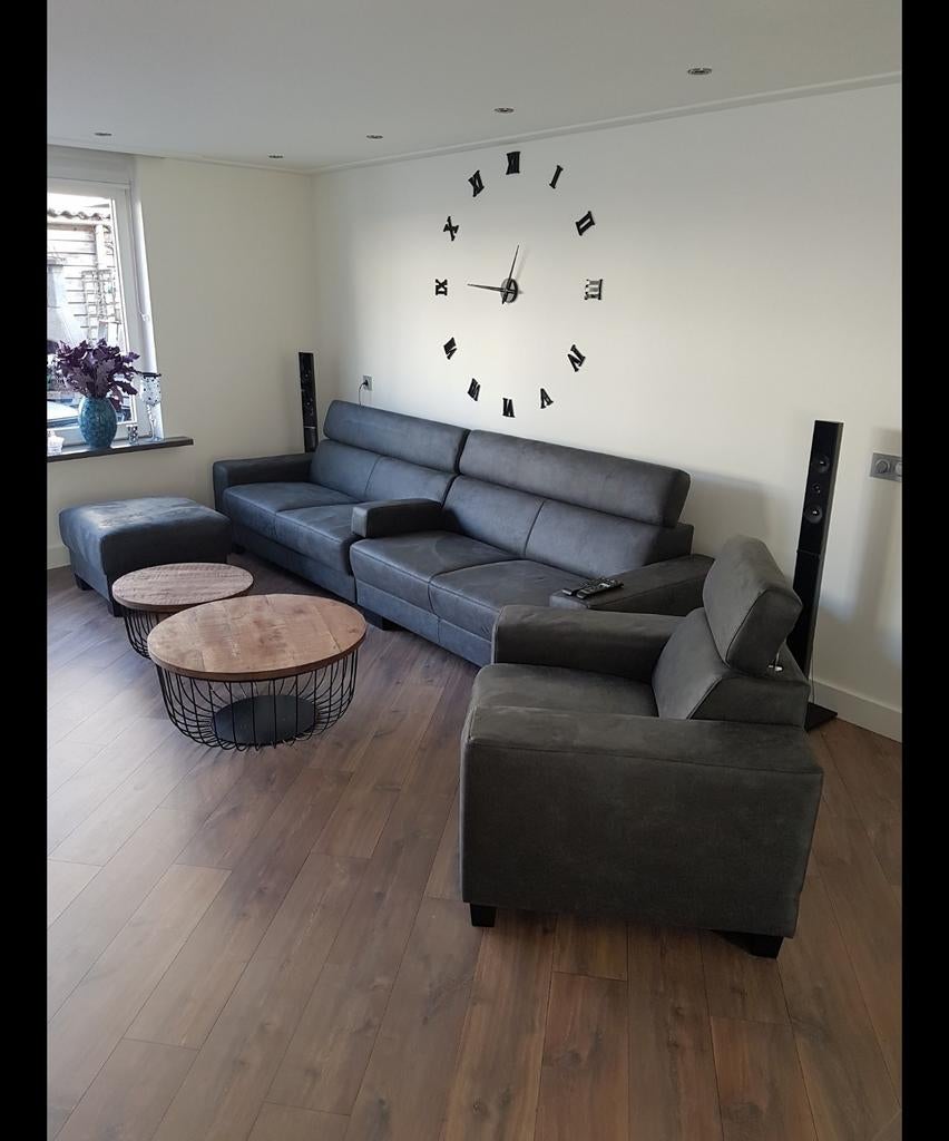 Moderne bank met fauteuil en poef  en salontafels, 100 tot 125 cm, Hoekbank, 300 cm of meer, Ophalen of Verzenden