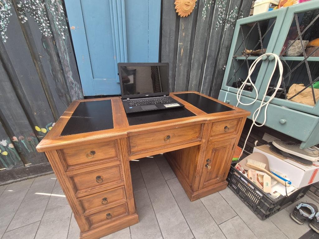 Teakhouten bureau, Ophalen, Met lades, Hout, Bruin