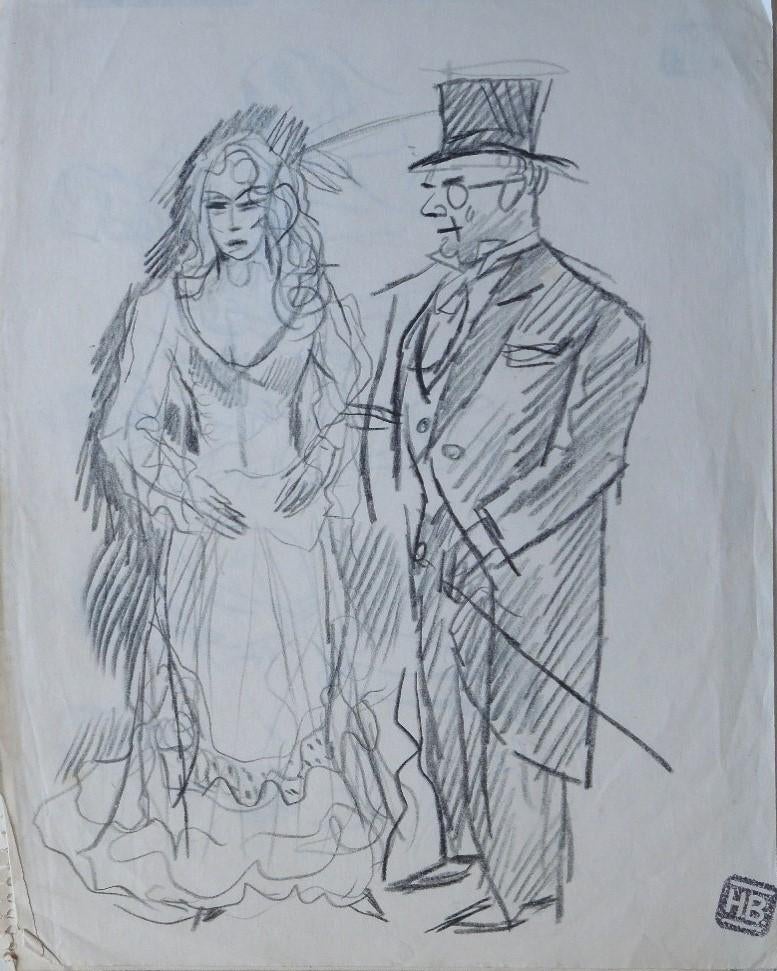 Herman Bieling krijttekening "Bourgeois Stel, Uitgaanstenue", Antiek en Kunst, Ophalen