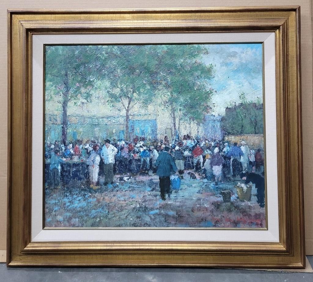 Maurice DE MEYER, druk geanimeerd markttafereel, Antiek en Kunst, Kunst | Schilderijen | Klassiek, Ophalen of Verzenden