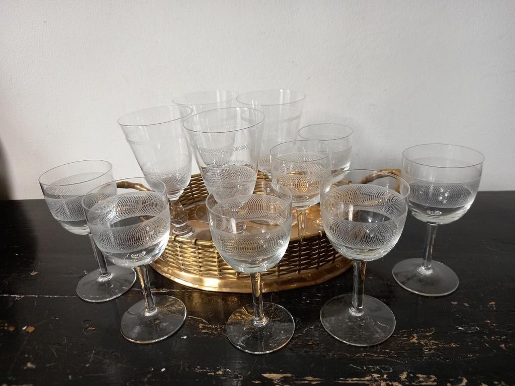 11 antieke Guilloche geëtste glazen, Verzamelen, Ophalen of Verzenden, Gebruikt, Overige typen