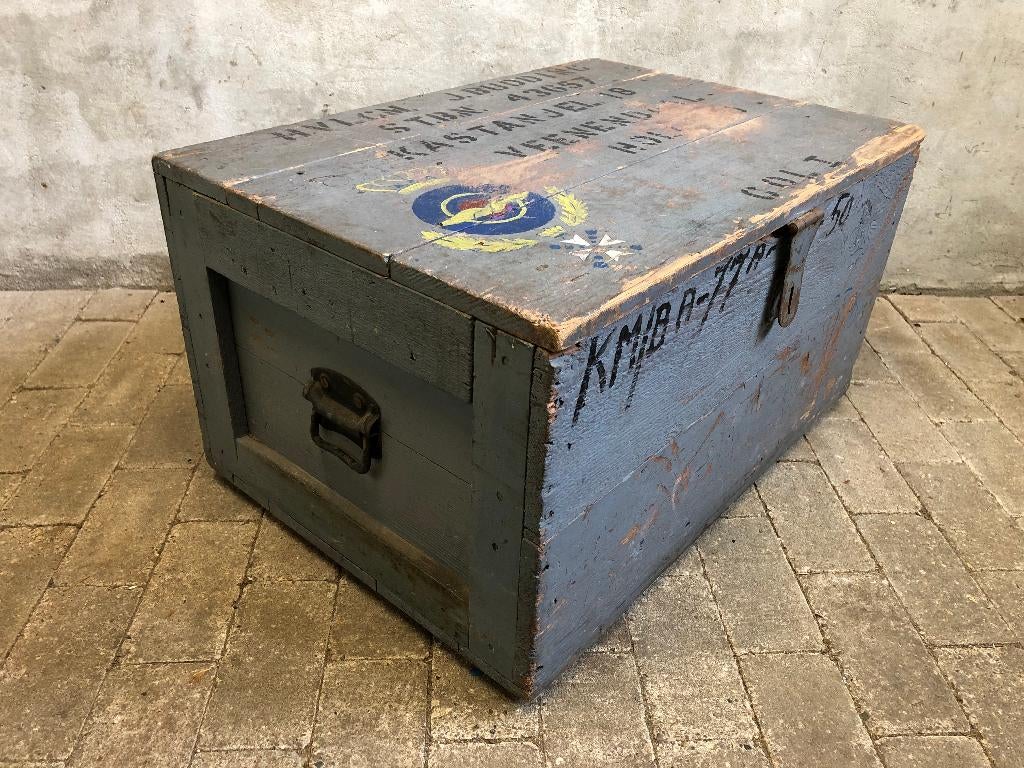 Grote vintage houten kist tekst logo Marine Luchtvaartdienst, Ophalen, Gebruikt, 50 tot 100 cm, Minder dan 50 cm