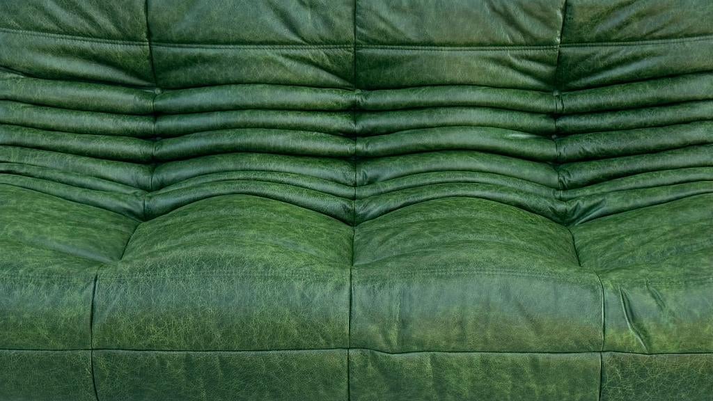 Togo 3-seater sofa in green leather - Ducaroy / Ligne Roset., Paris, 100 tot 125 cm, 150 tot 200 cm, Vintage