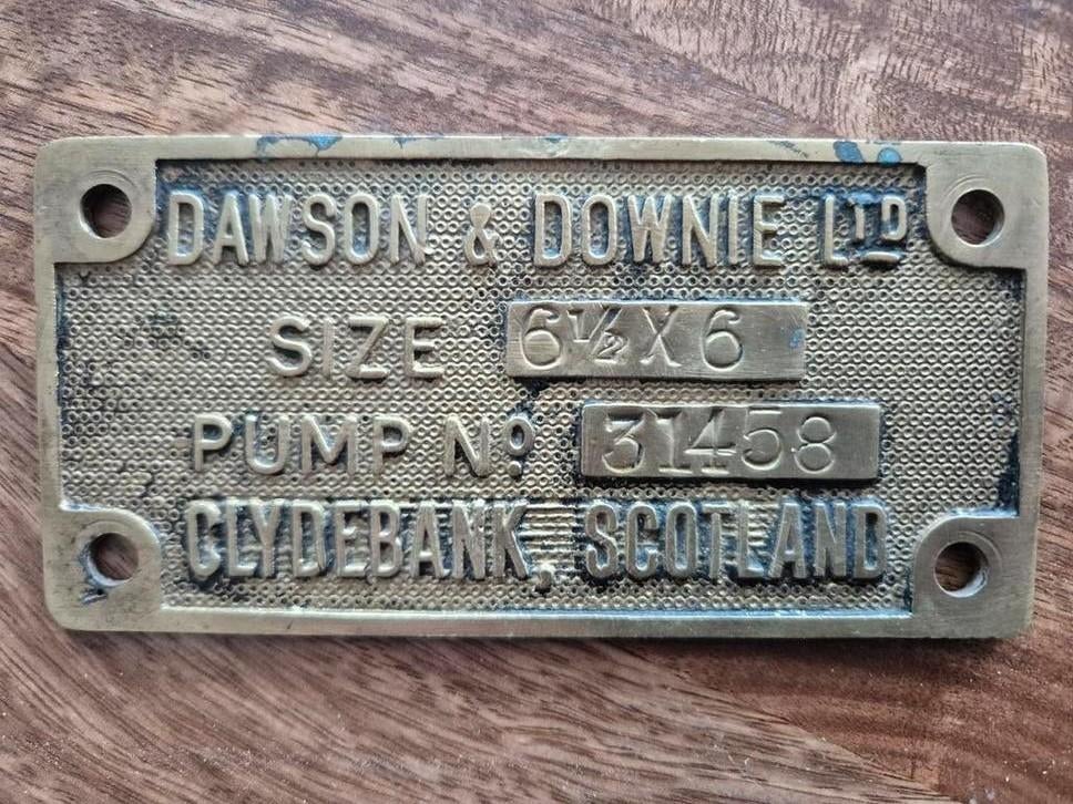 Antieke messing machineplaat Dawson & Downie Ltd. Pomp, Ophalen of Verzenden