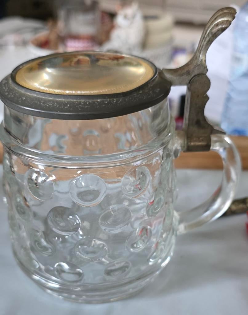 Oude bierpul met tinnen deksel, Antiek en Kunst, Antiek | Glas en Kristal, Ophalen of Verzenden