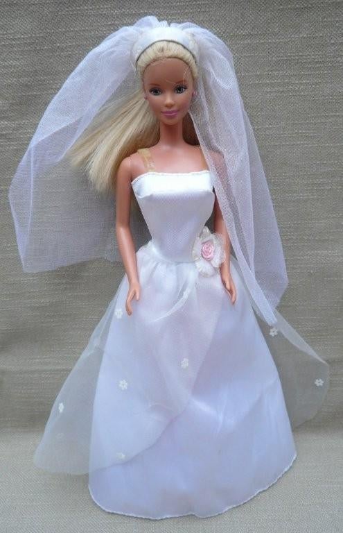 Vintage Barbie met witte bruidsjapon en sluier (ca. 1991), Ophalen of Verzenden, Gebruikt, Pop