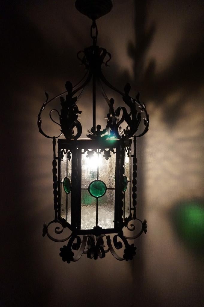 Antieke glas in lood en ijzeren Hallamp - Kasteellamp, Ophalen