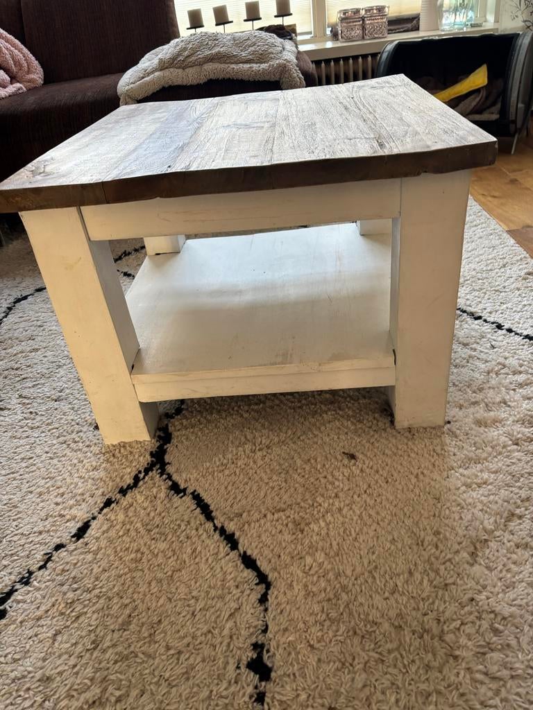 Landelijk wit salontafel met teak blad, Ophalen, Gebruikt, 50 tot 100 cm, Landelijk