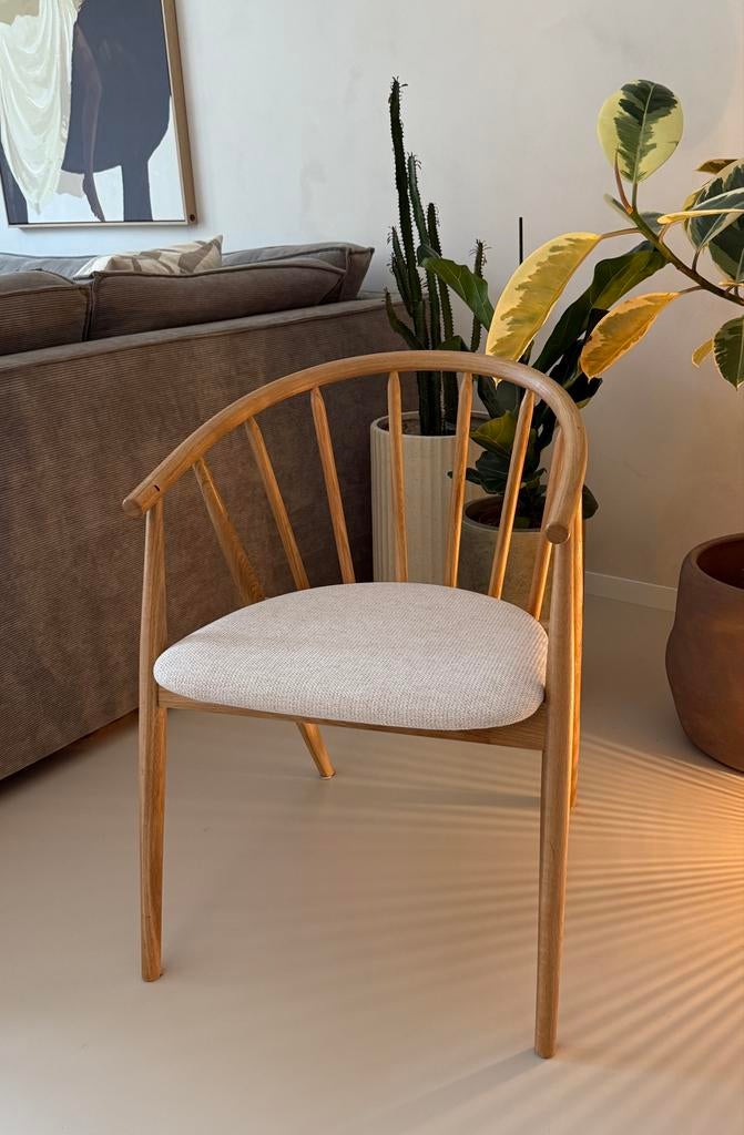 Japandi Eetkamerstoel LYKSBORG naturel eiken/off-white stof, Ophalen, Wit, Nieuw, Eén