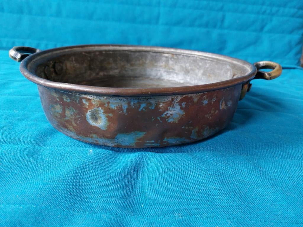 Oude koperen pan met handvatten, Antiek en Kunst, Ophalen of Verzenden, Koper