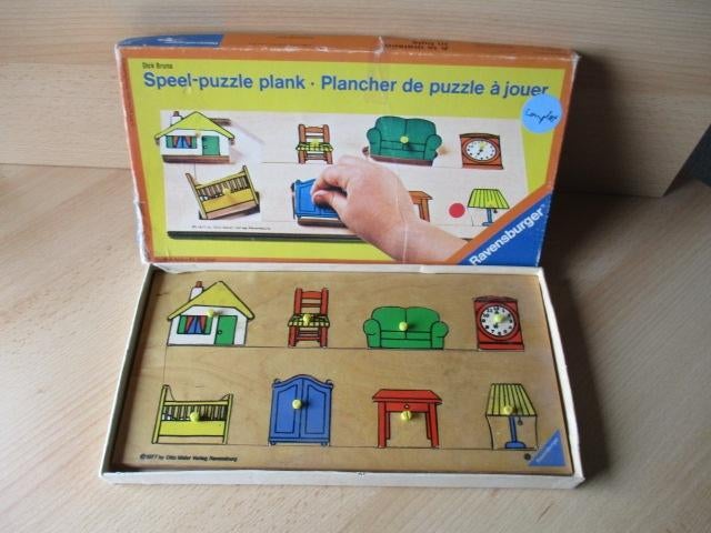 Dick Bruna houten insteekpuzzel meubelen 1977 in doos, Ophalen of Verzenden, Gebruikt