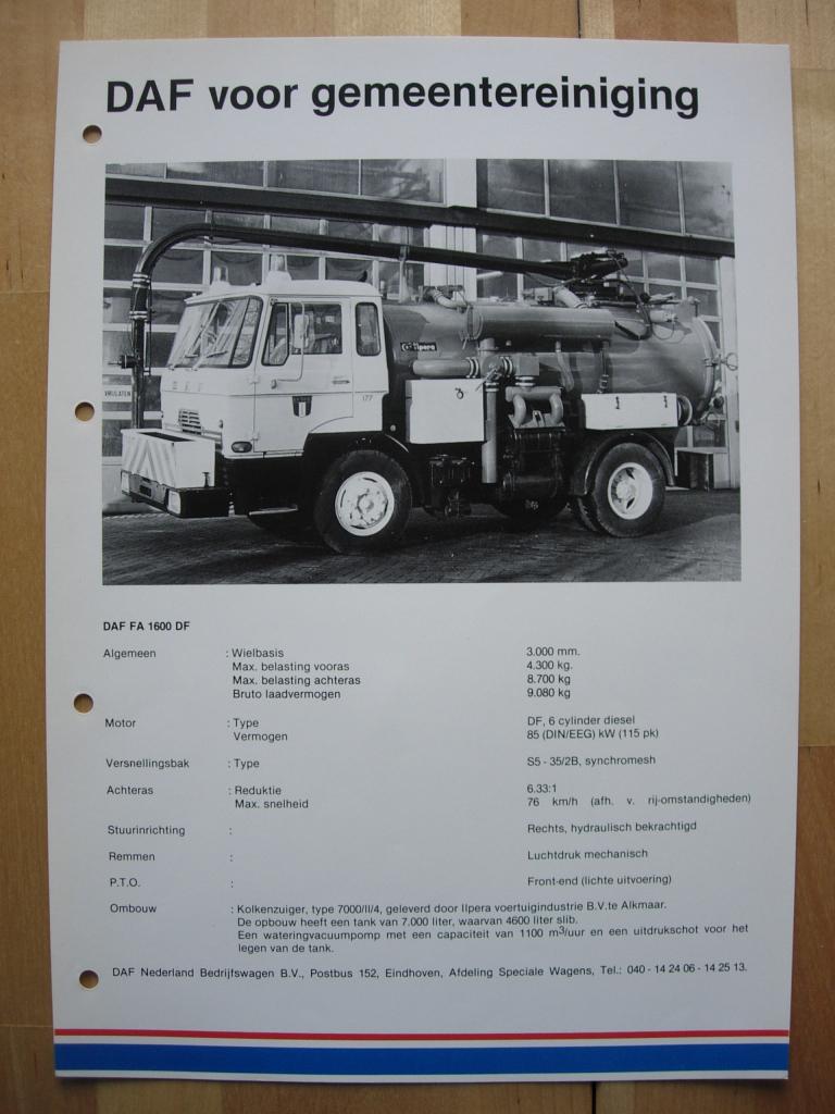 DAF FA 1600 DF Technische Specificatie Folder 1981 – 4x2, Ophalen of Verzenden, Zo goed als nieuw, Overige merken, DAF