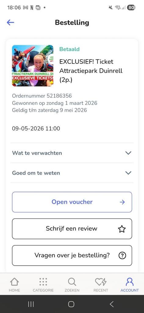 2 tickets Duinrell 9 mei in totaal 19,95, Twee personen, Ticket of Toegangskaart