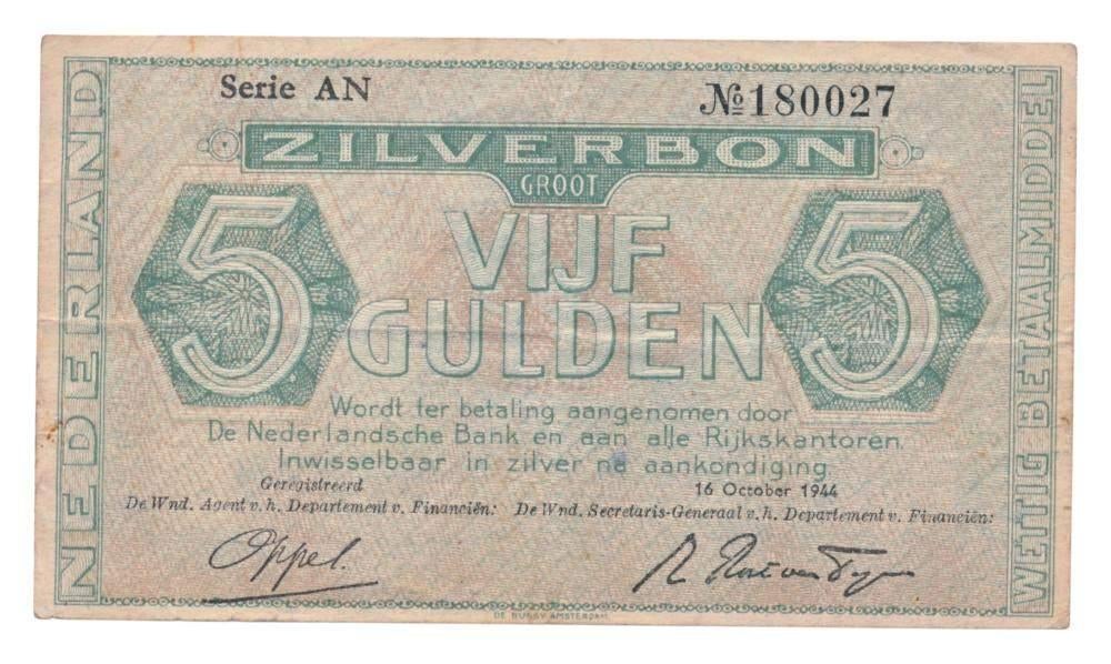 Nederland 5 Gulden 1944 Zilverbon Serie AN, Postzegels en Munten, Bankbiljetten | Nederland, Ophalen of Verzenden, 5 gulden, Los biljet