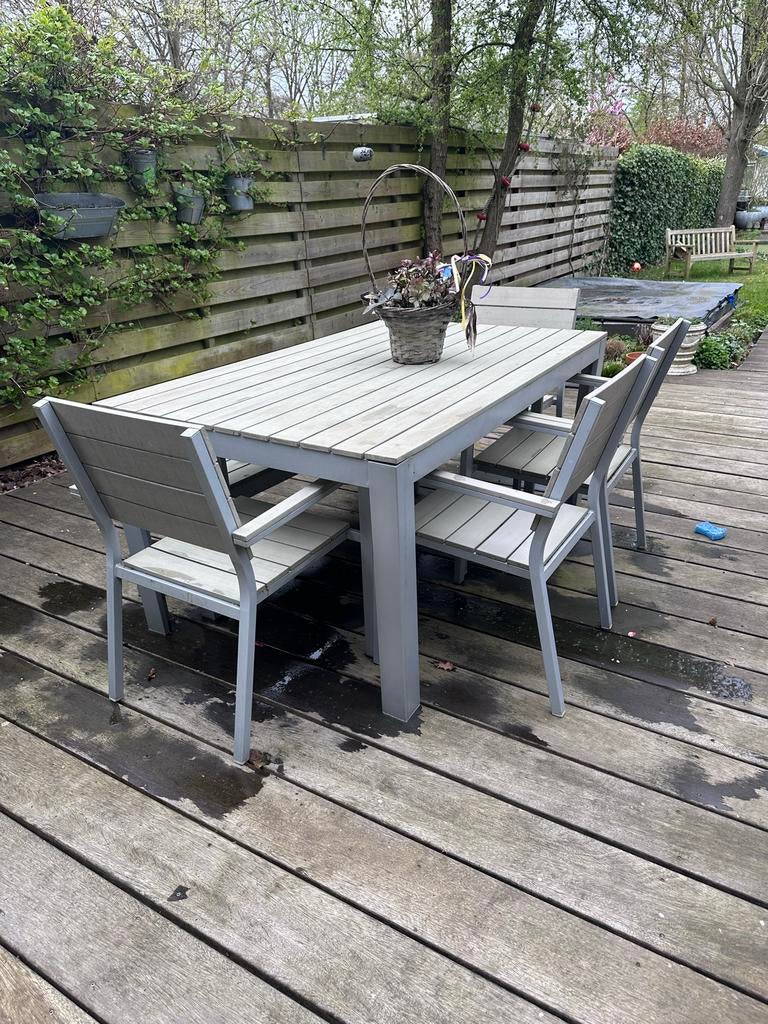 IKEA Falster tuinset met tafel, 4 stoelen en bankje, Ophalen, Gebruikt, 6 zitplaatsen, Tuinset