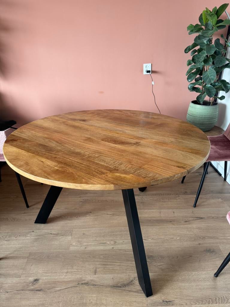 Mangohouten eettafel rond 120 cm, Huis en Inrichting, Tafels | Eettafels, Ophalen, Mangohout, Rond, Zo goed als nieuw