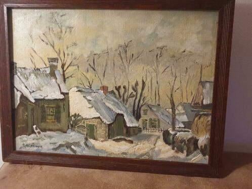 Winterlandschap schilderij boerderij sneeuw G. Helsdingen., Ophalen