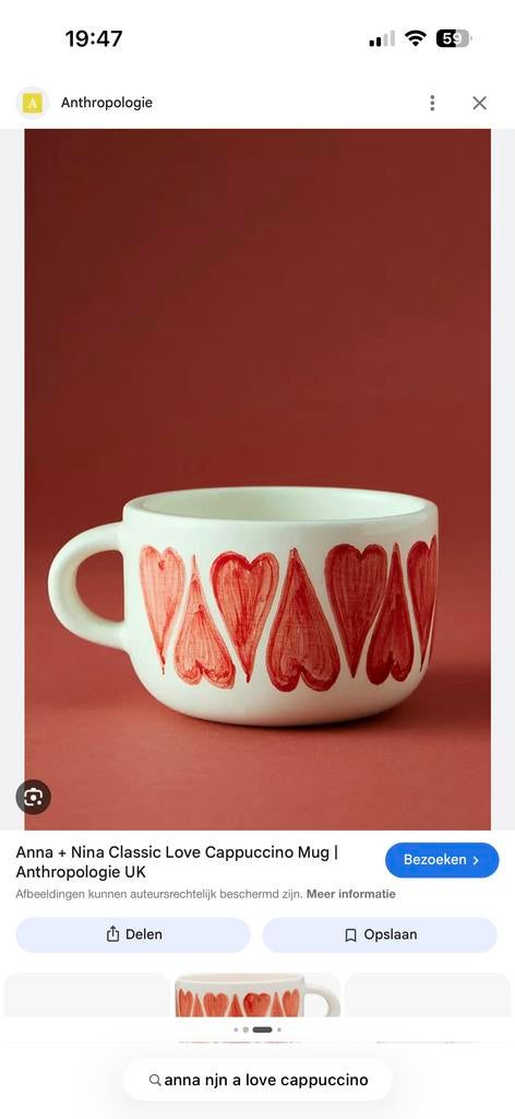 GEZOCHT! Anna + Nina Classic Love Cappuccino Mok, Ophalen, Keramiek, Zo goed als nieuw, Overige stijlen