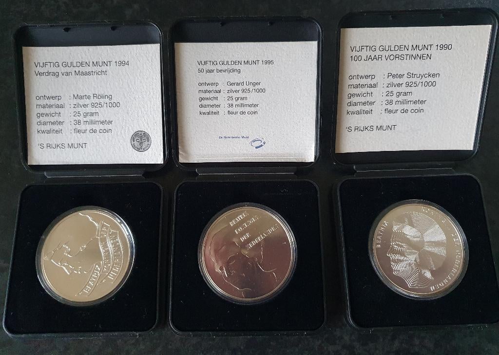 3 Zilveren 50 Guldens FDC 1990-1994-1995, Ophalen, Koningin Beatrix, 50 gulden, Zilver