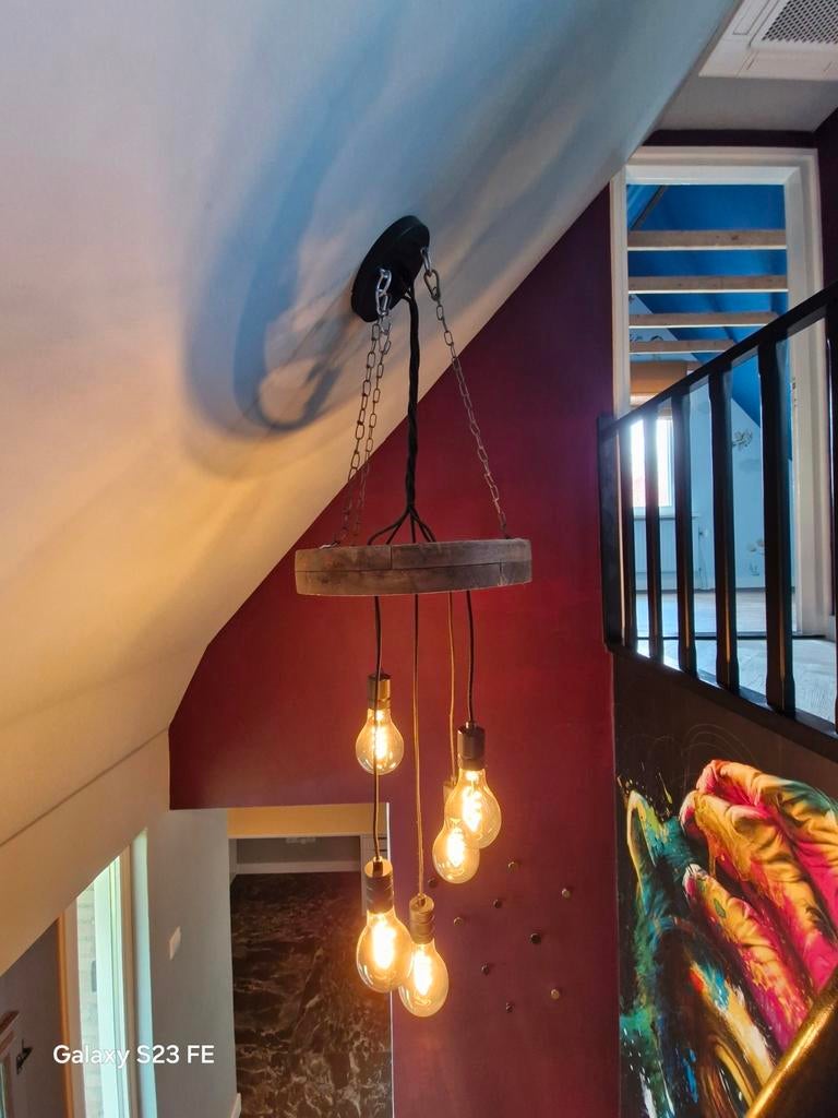 Rustieke Houten Kroonluchter met Edison Lampen, Ophalen, Gebruikt, 75 cm of meer, Hout