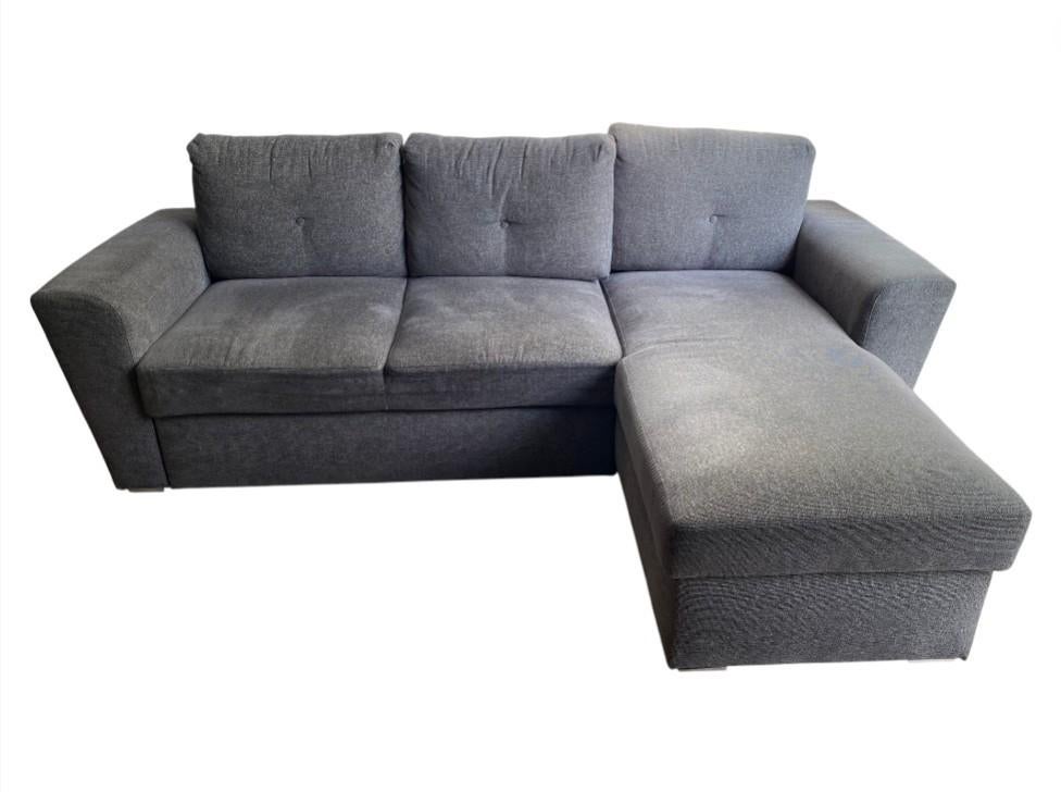 VEJLBY Slaapbank met Chaise Longue – Donkergrijs, Ophalen, Tweepersoons, Zo goed als nieuw, Overige maten