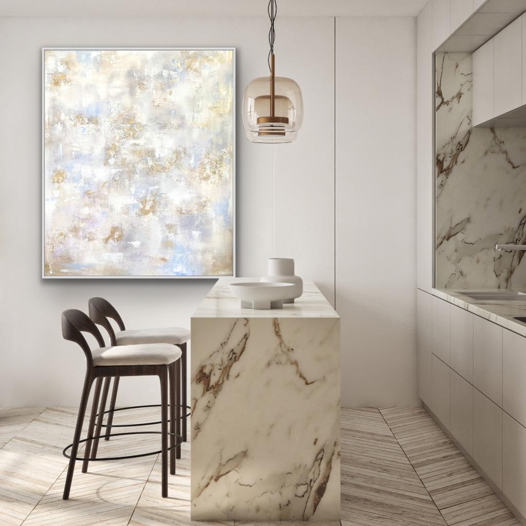 Origineel abstract acryl schilderij met wit/goud 100x120 cm, Ophalen