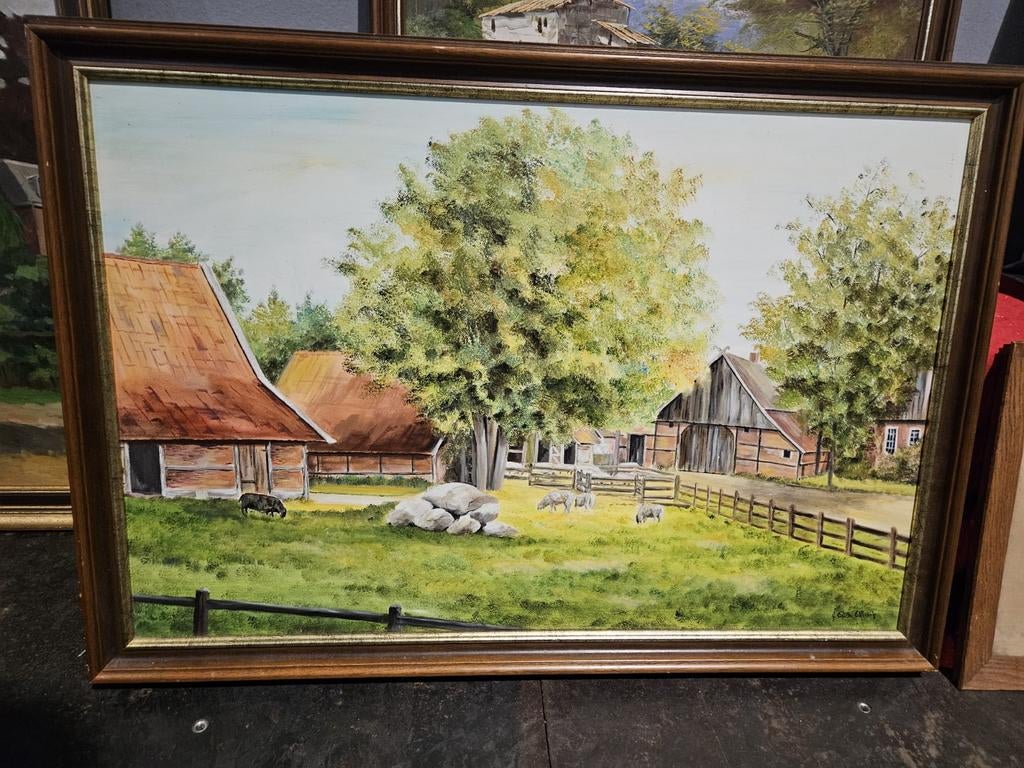 Prachtig landschap schilderij met boerderij en dieren, Ophalen of Verzenden