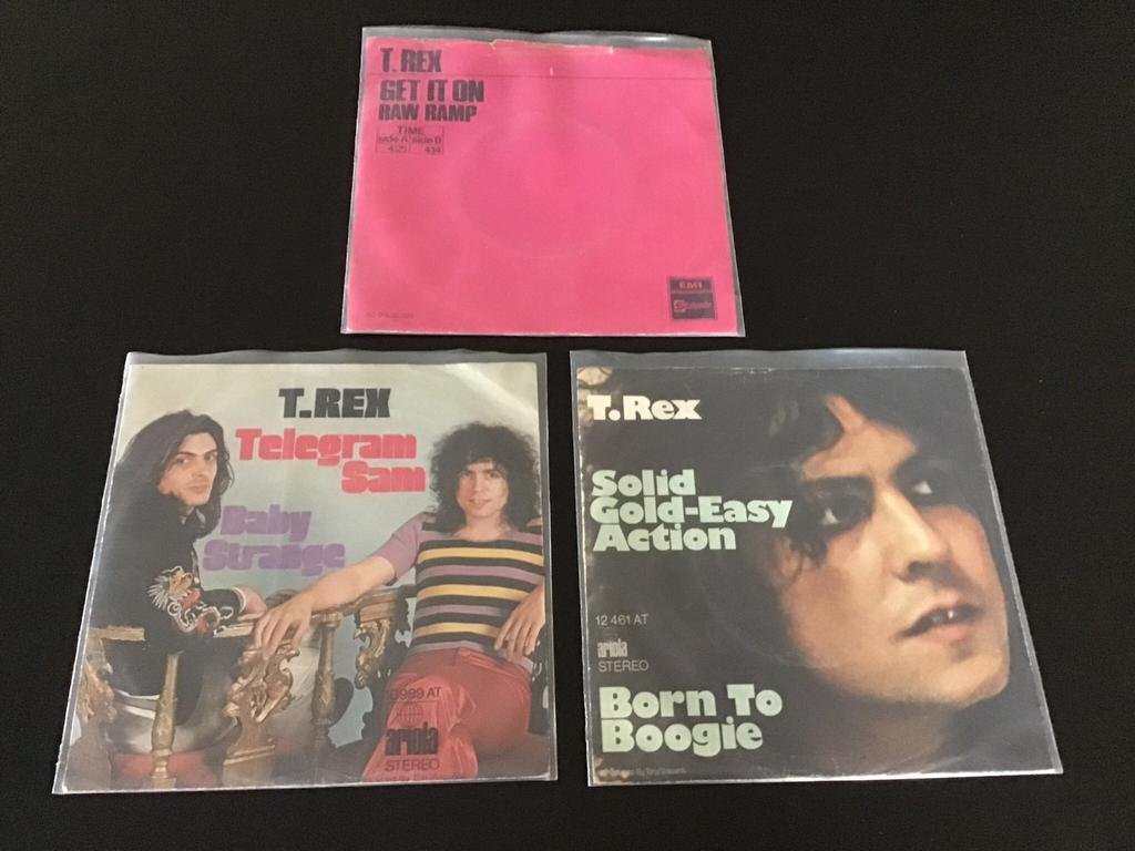 3 T. Rex vinyl singles: Get It On, Telegram Sam, Born To Boo, 7 inch, Single, Ophalen of Verzenden, Zo goed als nieuw