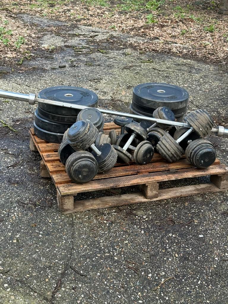 Complete set van dumbbells en een halterstang met gewichten, Ophalen, Gebruikt, Armen, Dumbbell