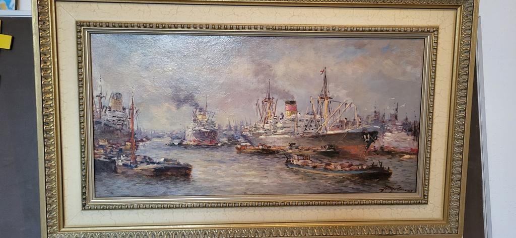 Havengezicht van Joop Molenaar, gesigneerd, 30x60cm, Ophalen