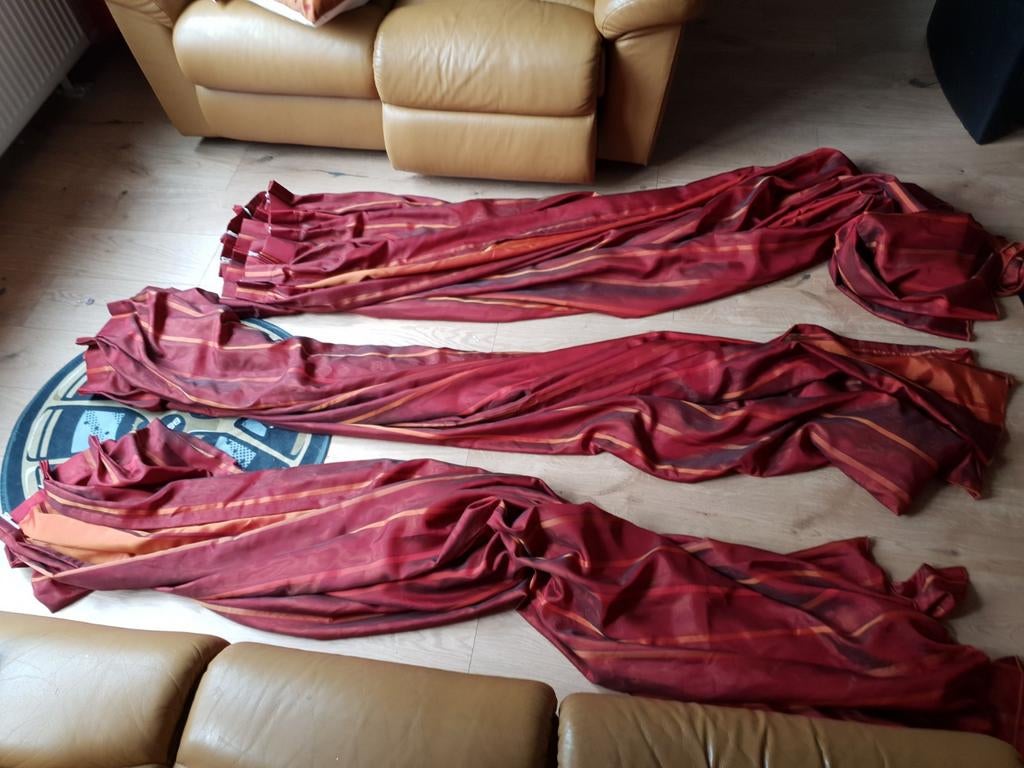 Luxe glasgordijnen rood/oranje - 3 stuks, Huis en Inrichting, Ophalen of Verzenden, Zo goed als nieuw, Rood, 100 tot 150 cm