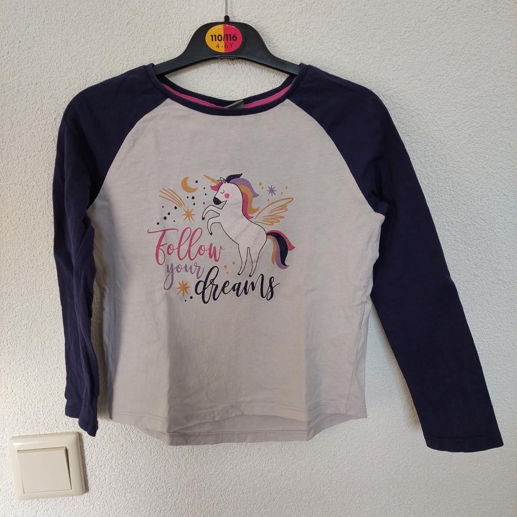 Shirt paars licht roze maat 110-116 eenhoorn longsleeve, Gebruikt, Meisje, Ophalen of Verzenden, Nacht- of Onderkleding