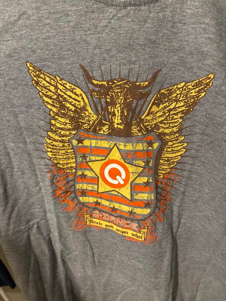 Q-dance T-shirt - Grijs met logo opdruk, Verzenden, Gedragen, Maat 48/50 (M), Grijs