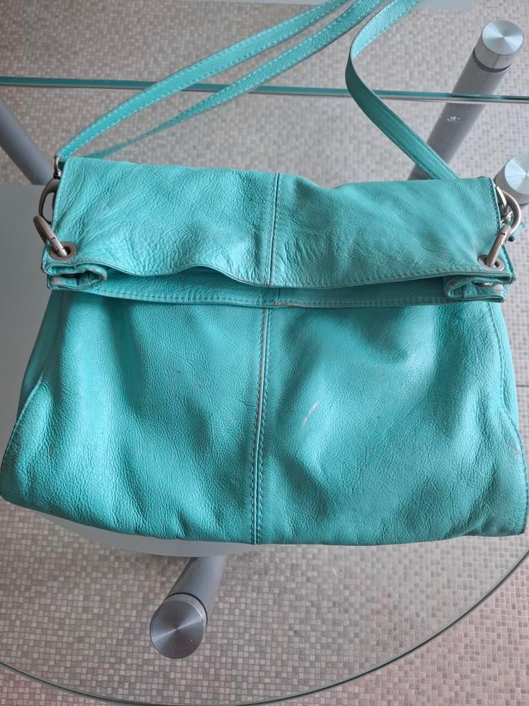 Turquoise leren schoudertas, Ophalen of Verzenden, Gebruikt, Blauw, Leer